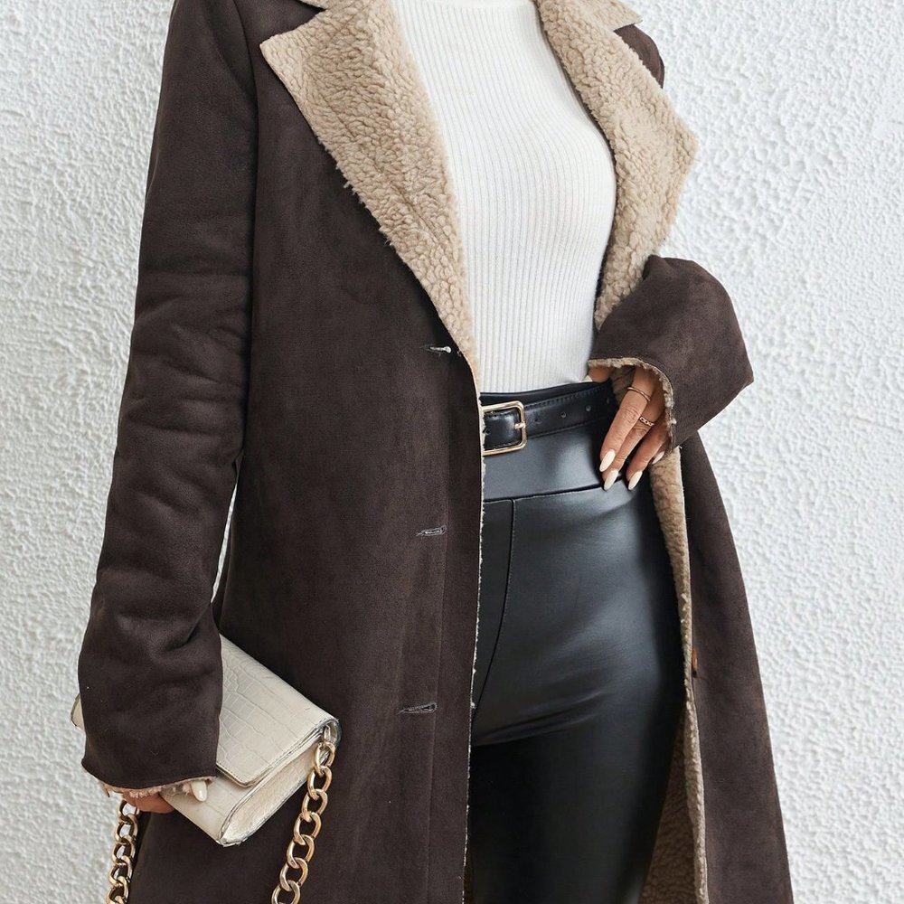 Brown Preppy Womens Lapel Collar Teddy Lined Suedette Coat - Picture 2 of 5